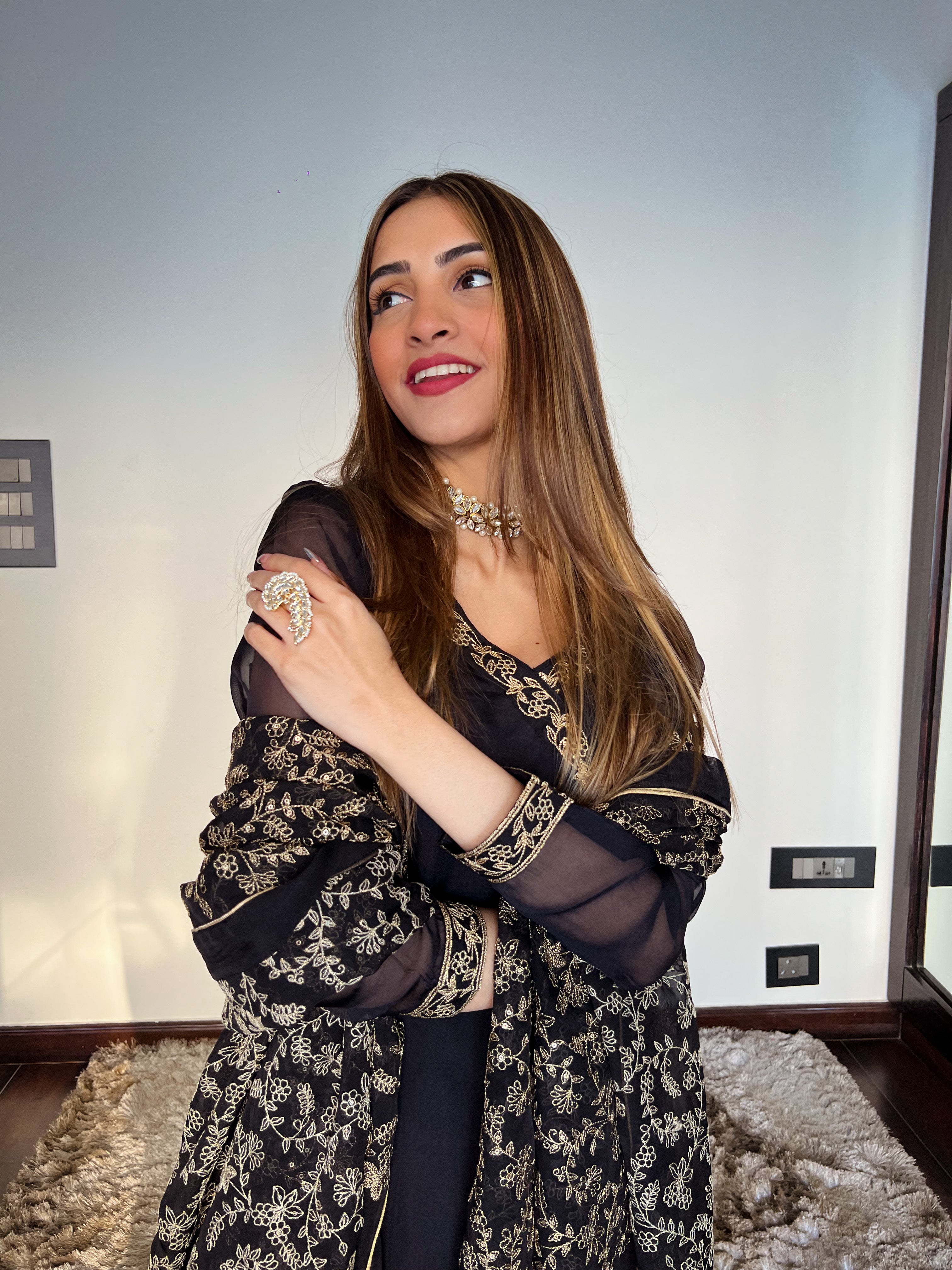 Shreya Lakhani in Sunehri Black Angrakha Anarkali Set